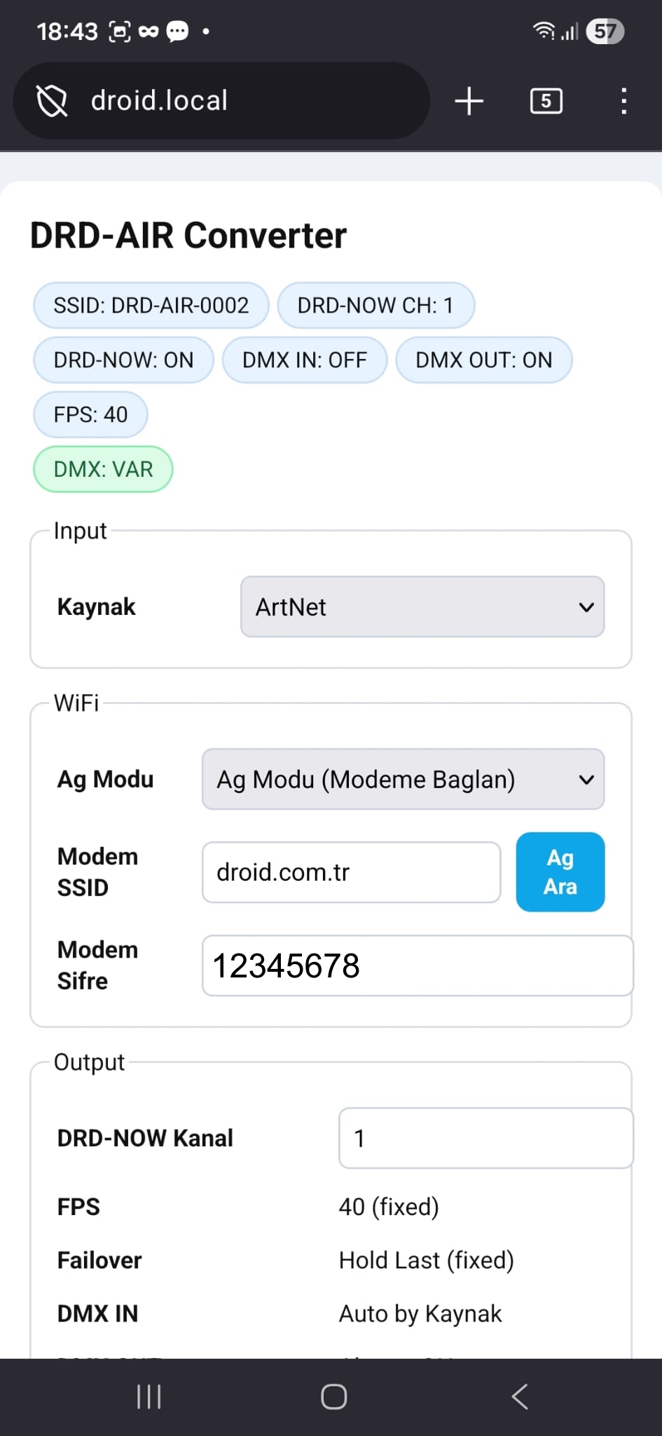 Aygıtın arayüzüne bağlanma ekranı