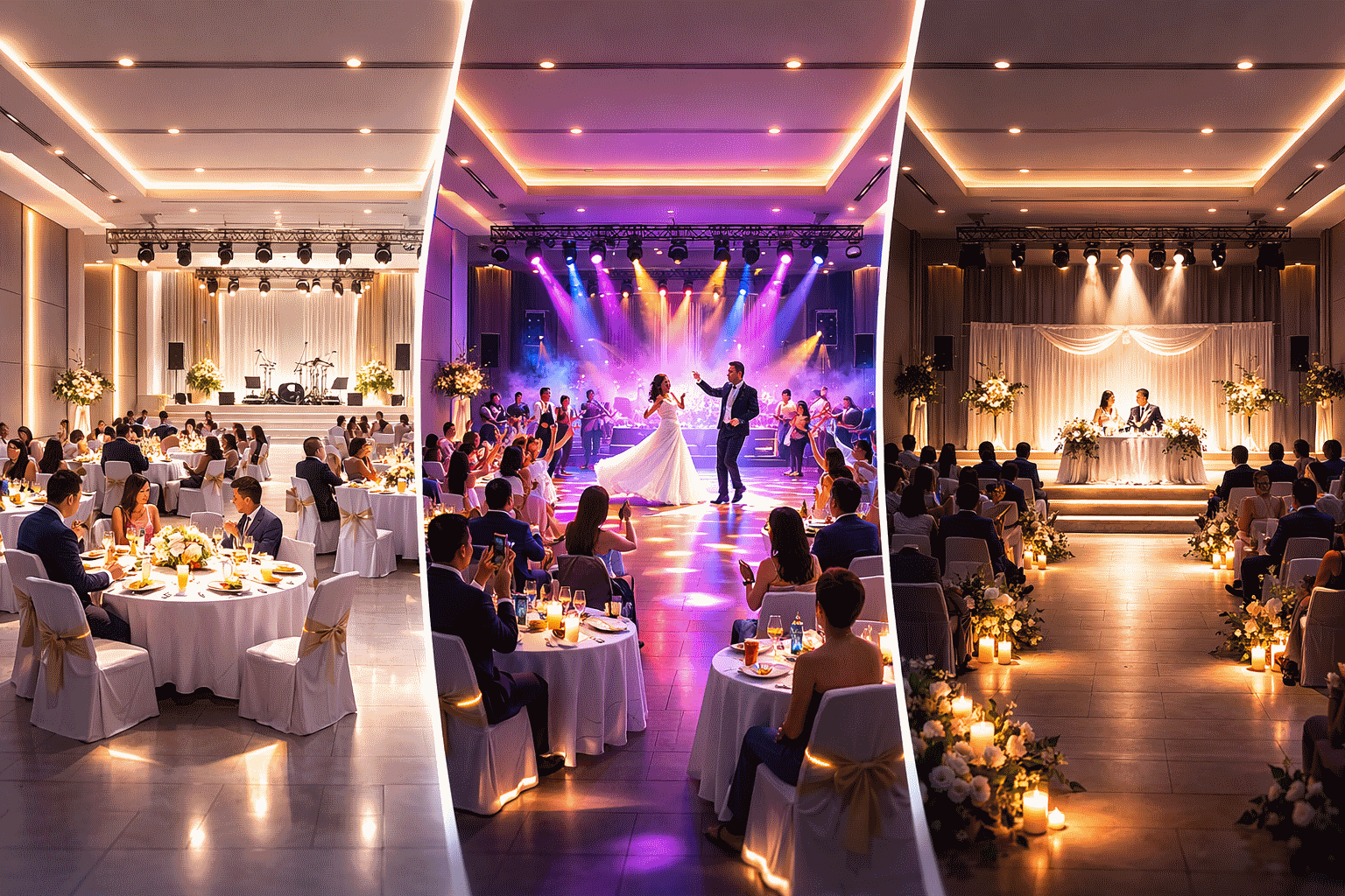 Düğün salonunda yemek, dans ve nikah modlarını birlikte gösteren aydınlatma senaryosu